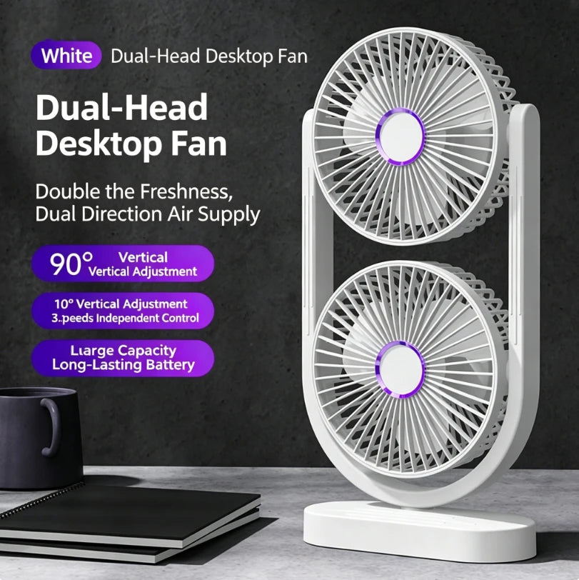 Dual Head Desk Independent Control Fan USB Rechargeable 3 Speed Adjustable 360° Airflow Low Noise Twin Turbo Fan For Office Home Oasis Select White