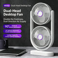 Dual Head Desk Independent Control Fan USB Rechargeable 3 Speed Adjustable 360° Airflow Low Noise Twin Turbo Fan For Office Home Oasis Select White