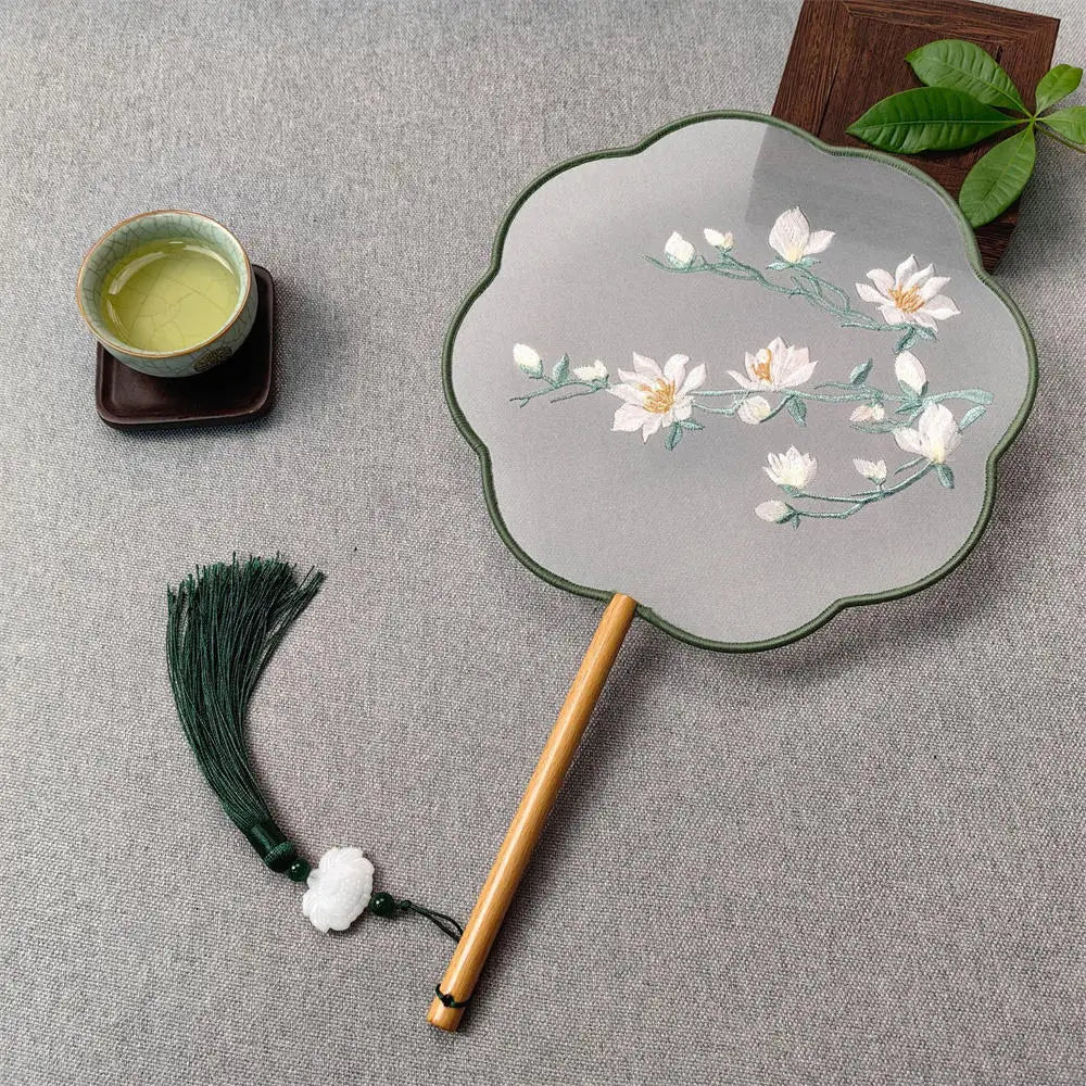 Chinese Style Silk Round Fan Double-sided Floral Embroidery Hand Fans with Tassel Summer Dance Fan For Women Wedding Home Decor Oasis Select 11