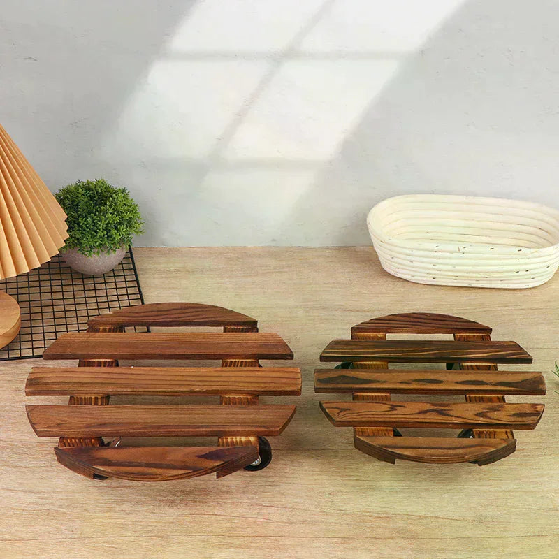 Wood Rolling Plant Caddy | 360° Lockable Wheels | Indoor & Outdoor