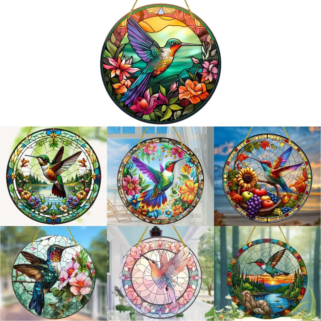 NEW Acrylic Painted Hummingbird Pendant Bird Floral Pattern Suncatcher Round Wreath Porch Window Outdoor Patio Hanging Ornaments Oasis Select