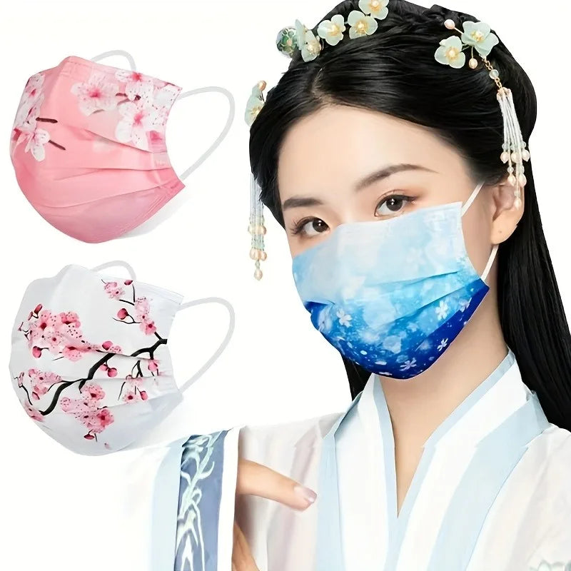 10pcs Romantic Floral & Starry Sky Print Face Masks for Women, 3-Layer Woven Polypropylene, Elastic, Breathable & Sun-Protective Oasis Select