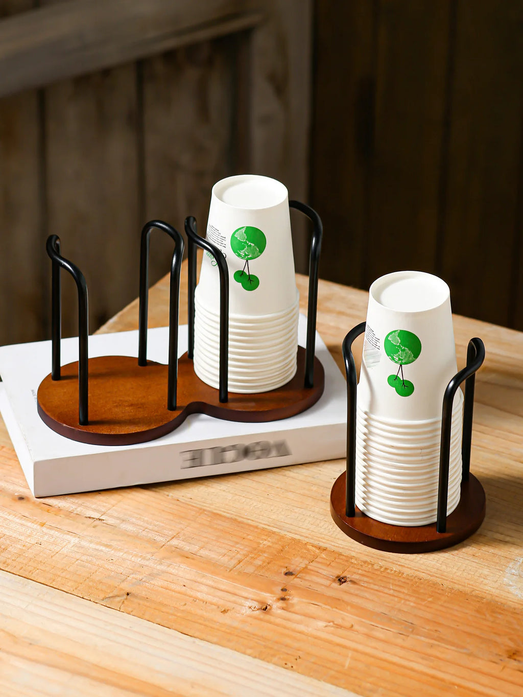 Bamboo & Aluminum Desktop Cup Holder for Coffee & Tea