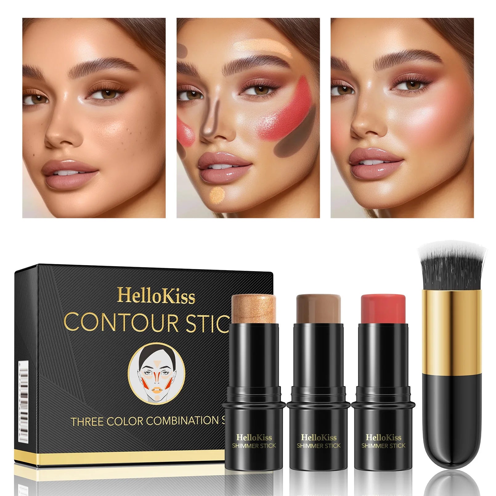 Hello Kiss 3-Piece Concealer Stick Set – Contour, Highlight & Blush