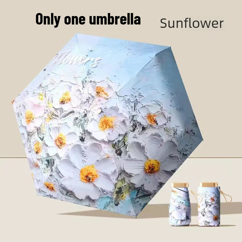 Ultra Slim 5-Fold Oil Painting Umbrella Chinese Style Portable Black Glue UV Protection Sun & Rain Dual Use Manual Parasol Oasis Select Sunflower iron 6K