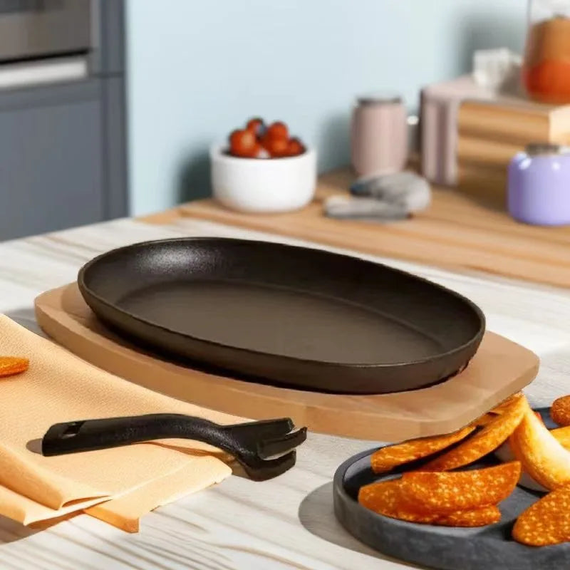 Cast Iron Skillet with Wooden Tray and Metal Spatula, for Grilled Fish and Grilling, Kitchen Essentials Oval Steak Pan Oasis Select