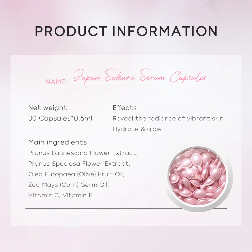 LAIKOU Sakura Capsule Essential Oil Facial Serum Moisturizing Brightening Anti-Wrinkle Firming Face Care 30pcs* 0.5ml ﻿ Oasis Select