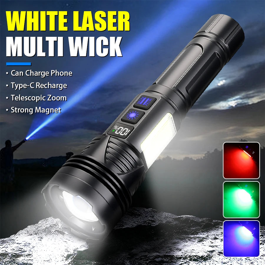 Portable RGB Led Flashlight Rechargeable Zoomable Torch Strong Light 11 Mode Tactical Lamp for Camping Fishing Emergency Lantern Oasis Select