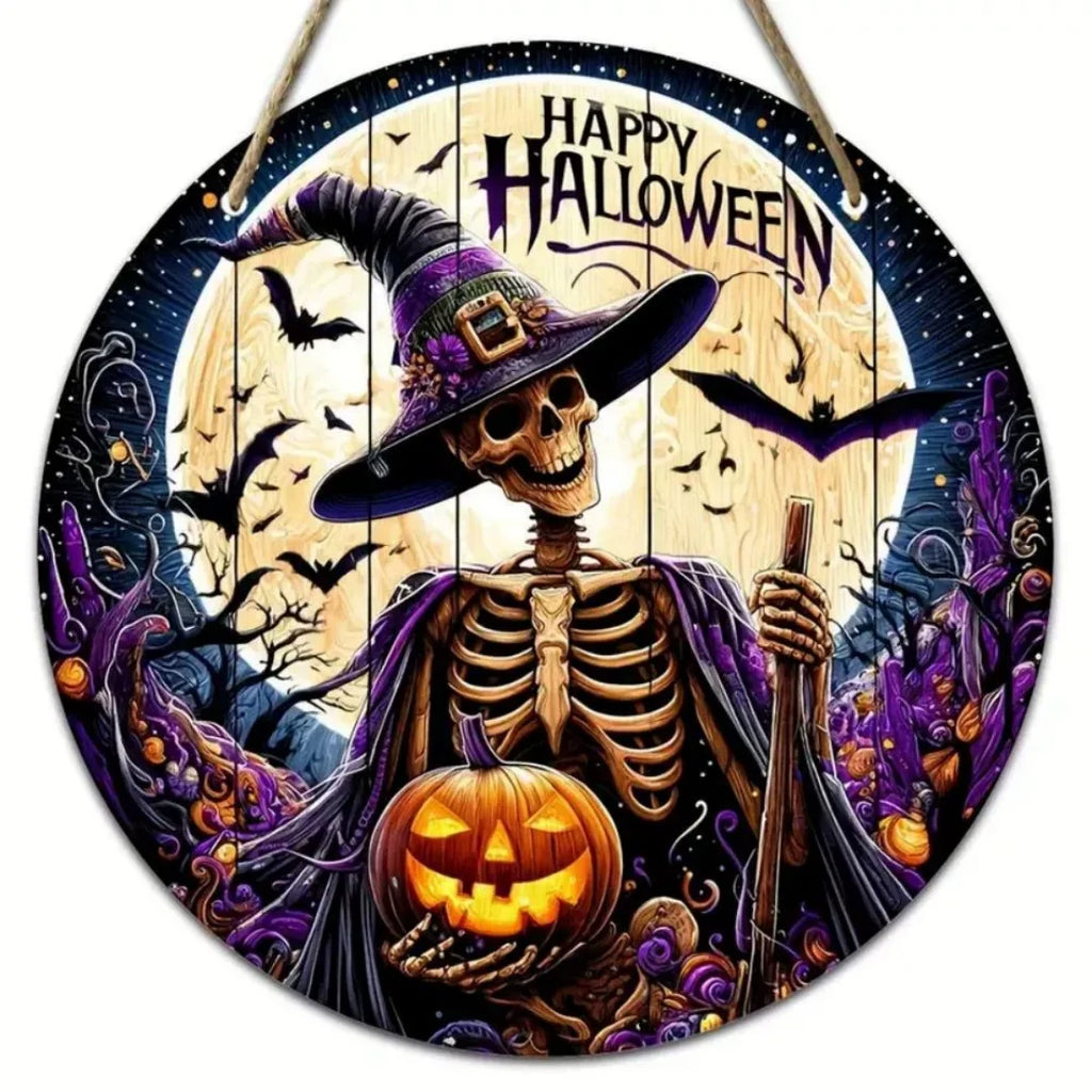 Halloween Wooden Wreath Logo Retro Pumpkin Head Horror Art Decoration Home Garden Courtyard Wooden Hanging Pendant Outdoor Props Oasis Select Style 7
