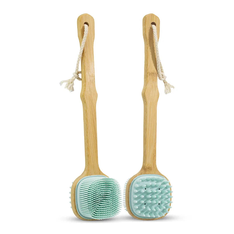 Soft Silicone Body Cleansing Brush Detachable Long Wooden Handle Design Bath Grooming Tool Gentle Exfoliating Accessory Oasis Select Bule-1pc