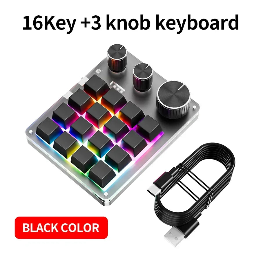 16 Keys 3 Mode Macro Mechanical Keyboard USB RGB Gaming Custom Programming Knob Portable Custom 6Keys 3Knob Switch For Photoshop Oasis Select Black NO BT NO 2.4G