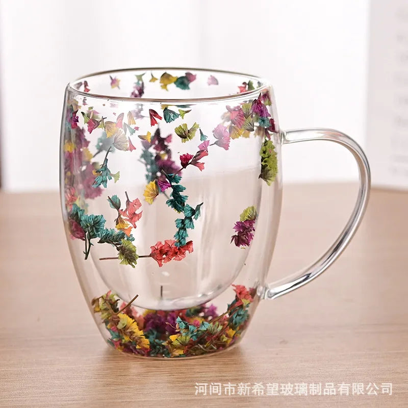 Fillings Dry Flowers Double Wall Glass Cup With Handle Heat Resistant Tea Coffee Cups Espresso Milk Mug Creative Gift Oasis Select D 301-400ml