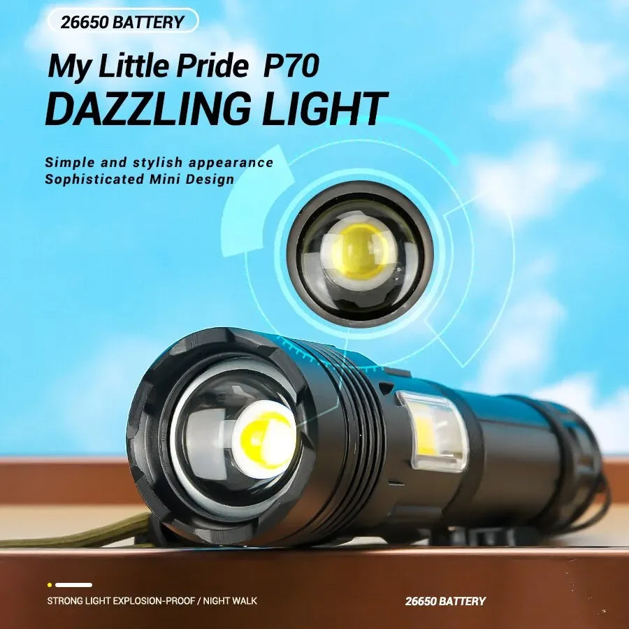 Super Bright XHP70 Powerful Led Flashlight Power Bank Torch Light USB Rechargeable Camping Tactical Flashlight with COB Lamp Oasis Select