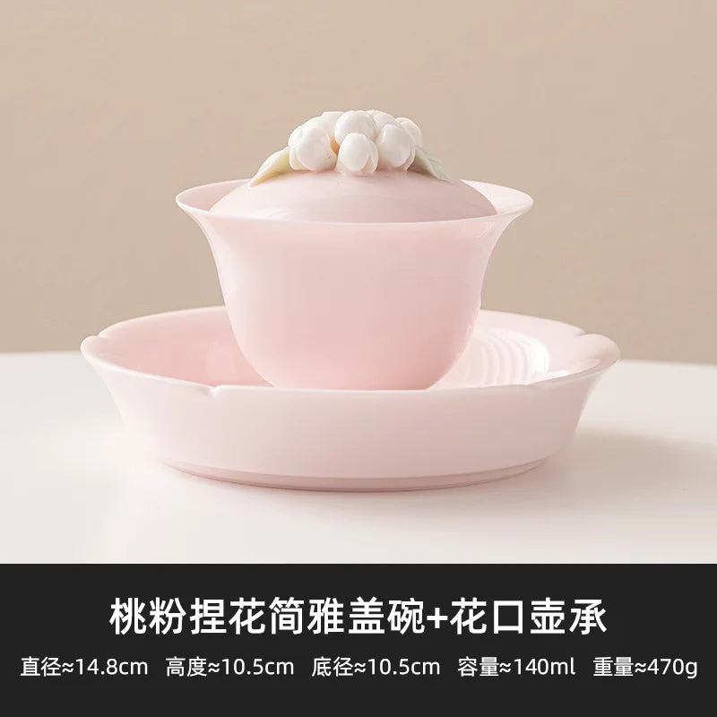 Peach Pink Pinch Flower Sancai Gaiwan Tea Cup Single High-end Handmade Household Ceramic Kung Fu Tea Set Tea Bowl Large Size Oasis Select No Specification Mouth Teapot Base