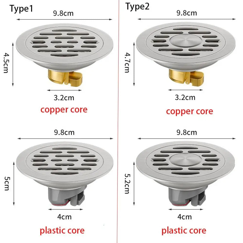 With Grid Grate Cover Shower Floor Drain 304 Stainless Steel Round Sink Strainer Anti-odor Backflow Preventer Sewer Drain Filter Oasis Select