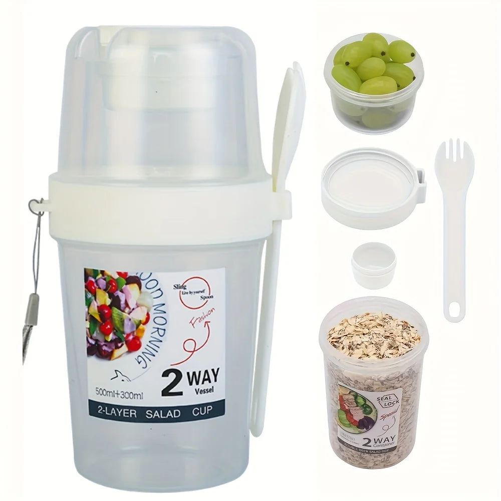 Portable Salad Cups Container Plastic with Lid and Fork Overnight cup Breakfast Oatmeal Cereal Nut Yogurt Cup School Lunch Box Oasis Select WHITE