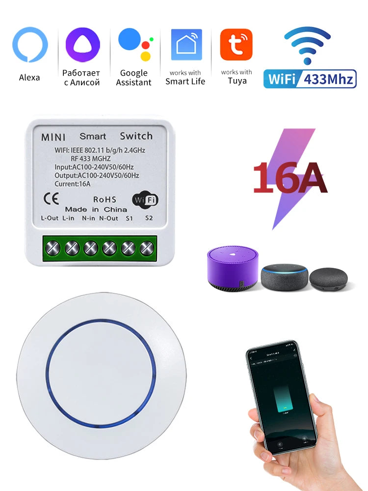 Tuya WiFi Smart Light Switch 16A 433MHz Wireless Remote Control Relay Controller Voice Control Works With Alexa Google Home Oasis Select 1Receiver 1Switch