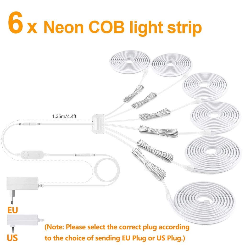 Living Room TV Wall Backlight Decor Neon Lamp Tape 2/4/6pcs COB LED Strip Light Work With Zigbee Tuya/Smart Life App Control 24V Oasis Select 6x Neon Tape 2M 6.56FT USA Power Plug|Warm White