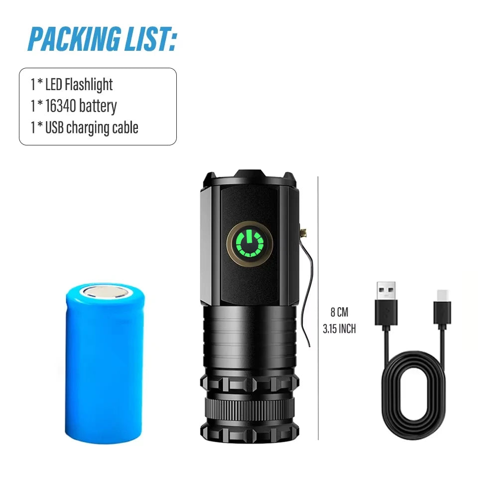 Multifunctional Portable High Brightness 3 LED Flashlight with Type-C Charging Power Display Mini Light for Fishing Camping Oasis Select BH8350 Black Fixed Focus|Lithium ion