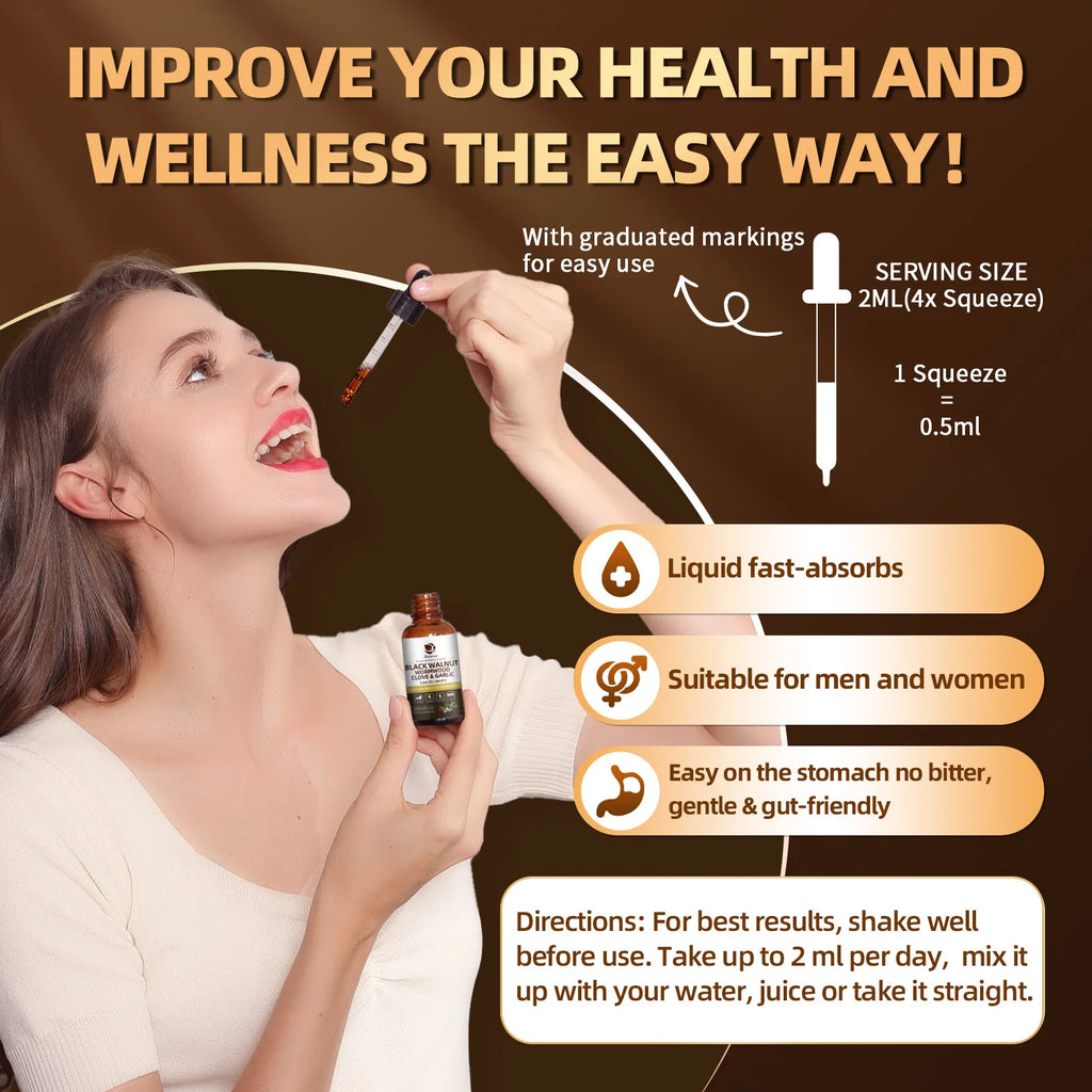 Lukaree 60ML Black Walnut Drop with Wormwood Clove & Garlic Support Digestion and Immune Health, Detoxify the Body Antioxidant Oasis Select