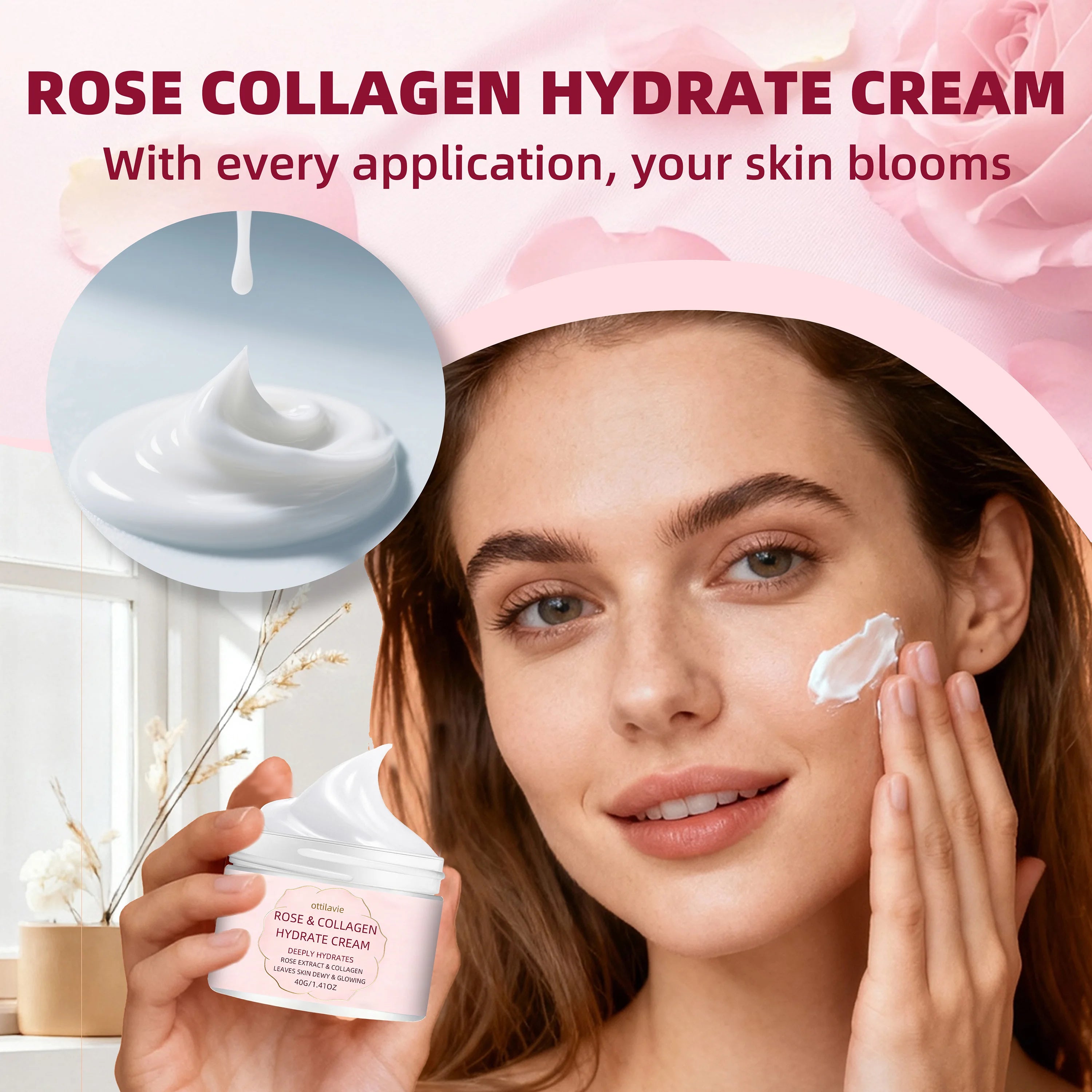 Ottilavie Rose Collagen Hydrate Cream – Plumping & Hydrating Facial Moisturizer, for All Skin Types, Ideal, for Morning & Night Oasis Select