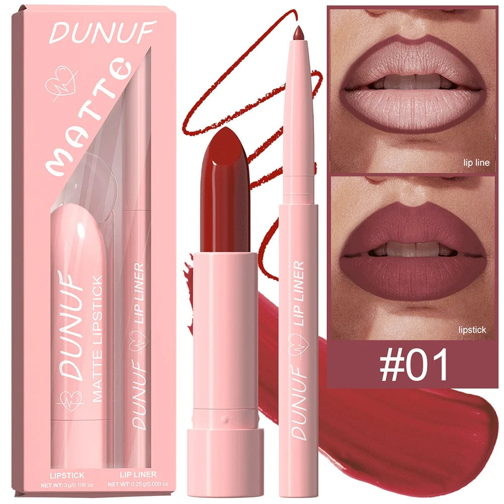 DUNUF 12-Color Matte Lipstick & Lip Liner Set – Waterproof
