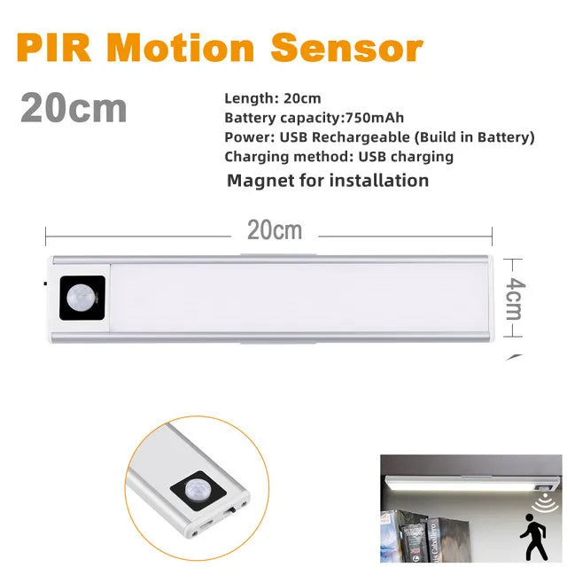 USB Rechargeable Bar Light Hand Sweep Sensor/PIR Motion Induction Kitchen Stair Hallway Night Lighting 20cm/40cm Magnetic Mount Oasis Select Warm White 20cm Motion Sensor