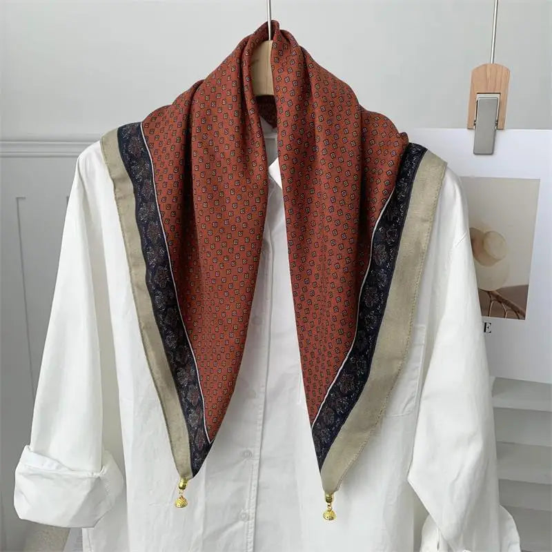 70*70 Square Scarf Retro Print Silk Scarf With Magnetic Buckle Women Neck Scarf All-match Shawl Fashion Headscarf Accessory Gift Oasis Select A20