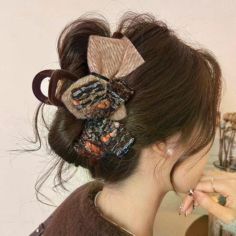 Retro Autumn And Winter Wool-blend Color-block Double Bow Hair Clip For Women Girls Large Shark Clip Hair Accessories Oasis Select