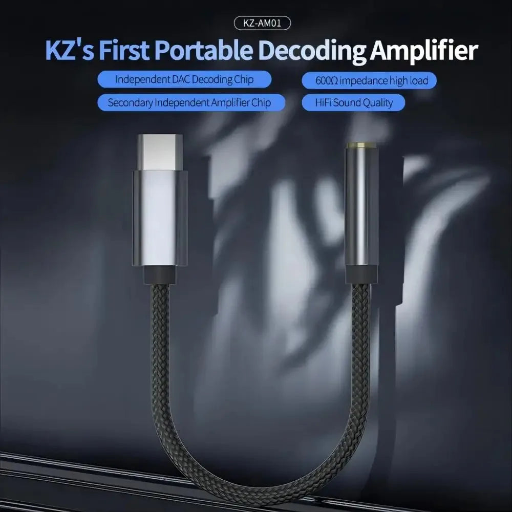 KZ AM01 Type-C to 3.5mm Audio Adapter 32bit/384kHz Hi-Fi DAC + IC Amplifier Dual Chip Earphone Audio Cable Oasis Select