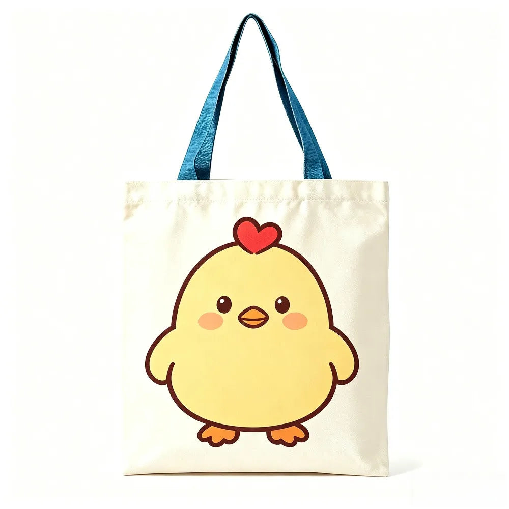 Cute Yellow Chick Red Heart Print Canvas Tote Bag Eco Reusable Shoulder Bag Grocery Daily Shopping Bag Oasis Select Blue