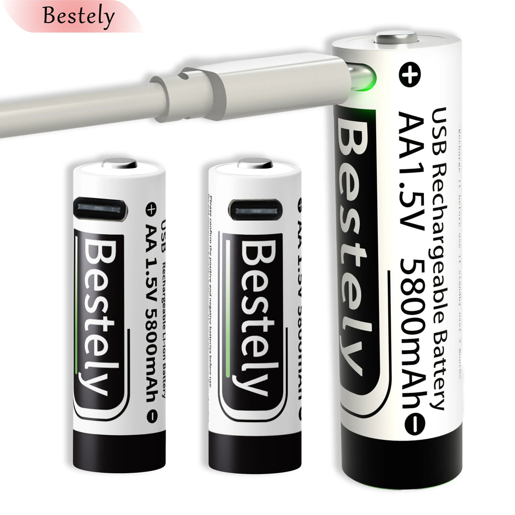 AA Rechargeable Batteries 1.5V 5800mAh Li-ion Battery Long-Lasting High Capacity Lithium Akku, 2000 Cycle with Free USB-C Cables Oasis Select