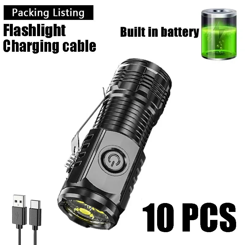 Mini Powerful 3 LED Flashlight USB Rechargeable Built-in Battery Torch 5 Modes Waterproof Lamp with Tail Magnet Tactical Lantern Oasis Select 10PCS