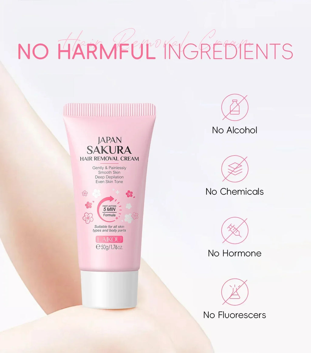 LAIKOU Sakura Hair Removal Cream Fast Painless Hair Growth Inhibitor Arm Armpit Legs Intimate Areas for Men Woman 50g Oasis Select