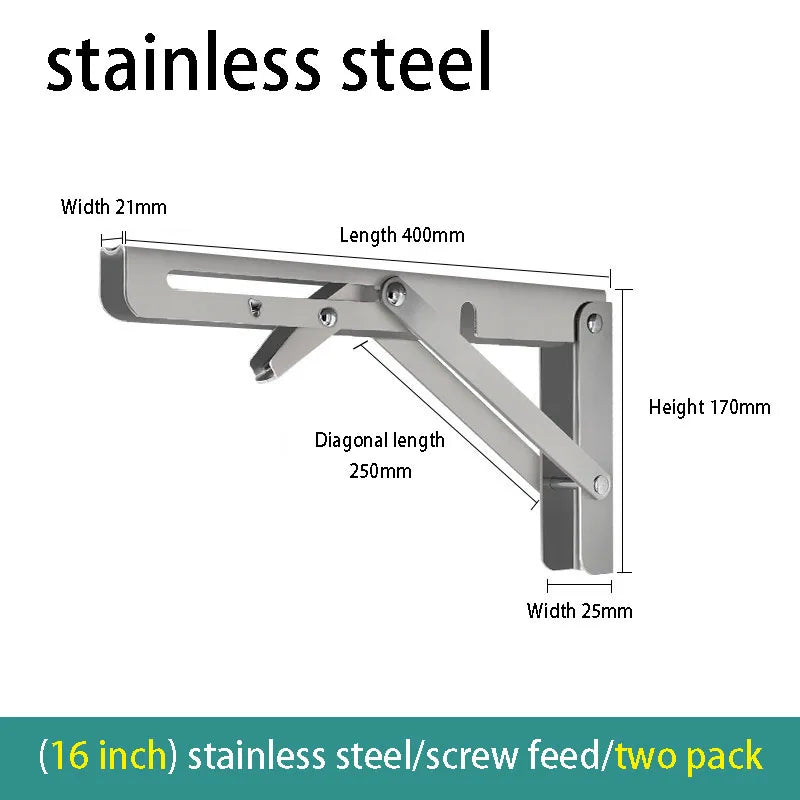 2PCS Thickened stainless steel folding bracket triangular bracket right angle holder wall shelf layer board bracket Oasis Select Stainless-16inch 2pcs
