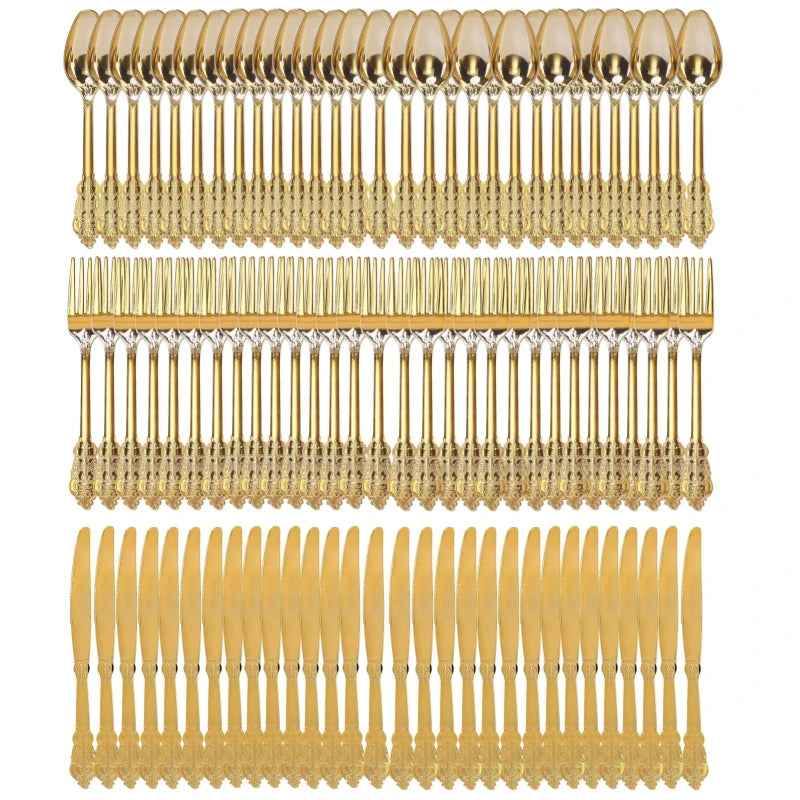 Golden 90pcs Embossed Vintage Plastic Cutlery Set, Dual-Use Knife Fork Spoon Utensils Disposable Cutlery Used for Parties Oasis Select 90pcs