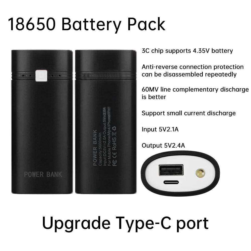 2x18650 Power Bank Battery Box Dual Type-C USB Charge Shell Soldering-free Mobile Power Case DC 5V 2.1A to 5V 2.4A Battery Case Oasis Select