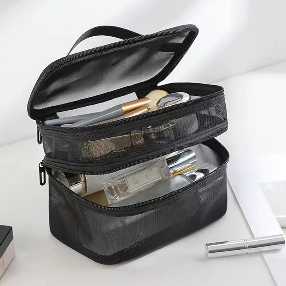 Handheld Mesh Storage Bag Large Capacity Double-Layer Portable Toiletry Bag Travel Cosmetic Organizer Bag Oasis Select