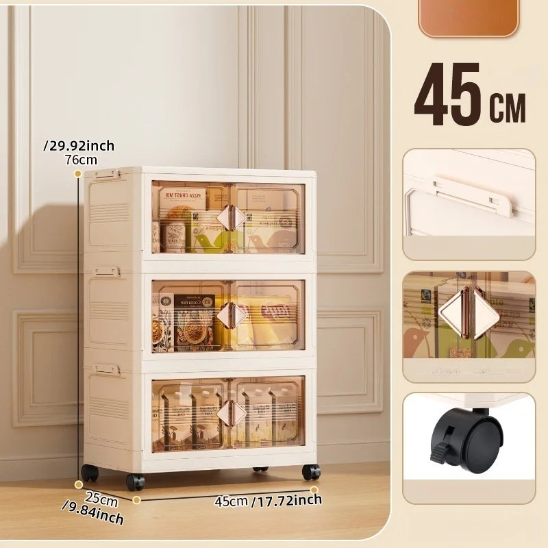 45cm Foldable Width Plastic Storage Box with Wheels Multi-Layer Clothing Cabinet Organizer for Books Kitchen Oasis Select 45cm-Cream-3 Layers