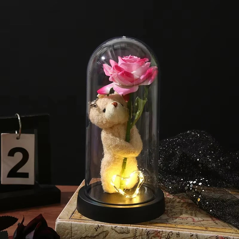 Eternal Rose in Glass Dome Artificial Flower with Bear Desk Accessories Christmas Valentine's Day Gifts Party Favors Oasis Select