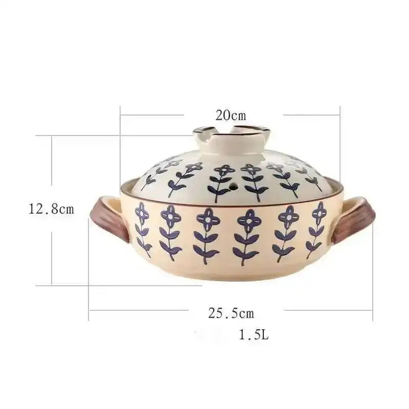 Japanese Ceramic Casserole Stew Pot Household Cooking Gas Retro Flower Pattern Soup Pots High Temperature Resistant Cooking Pot Oasis Select X123 1.5L