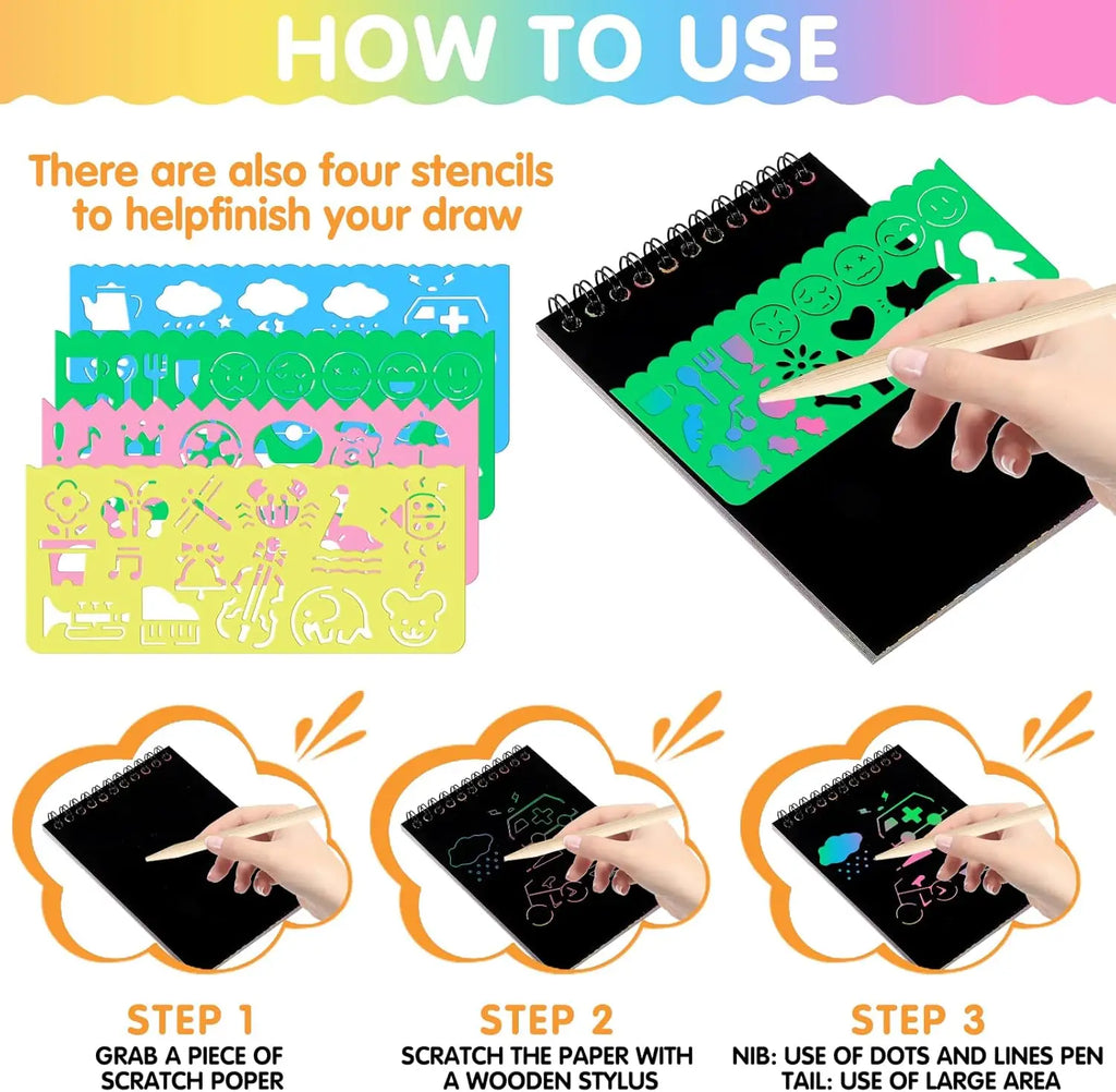 12 PCS Scratch Art Set 4 Rainbow Mini Notebooks 4 Stencil Sheets 4 Wooden Stylus Fun Drawing, Party Favors Creative Gifts Oasis Select