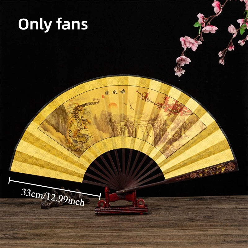 Premium Chinese Style Folding Fan Head Bamboo Double-Sided Silk Fabric Intricate Carved & Hollow Men's Fan Oasis Select 10inch tiger