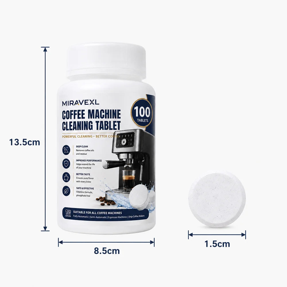 100 MIRAVEXL Coffee Machine Cleaning Tablets for Espresso & Drip Machines Deep Clean, Improve Taste, Fully Automatic, Safe Oasis Select
