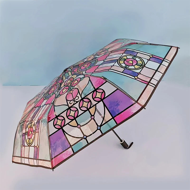 Church Retro Transparent Large Umbrella Stained Glass Transparent Umbrella Automatic Romantic Sunny Dual Use Of Rain And Light Oasis Select
