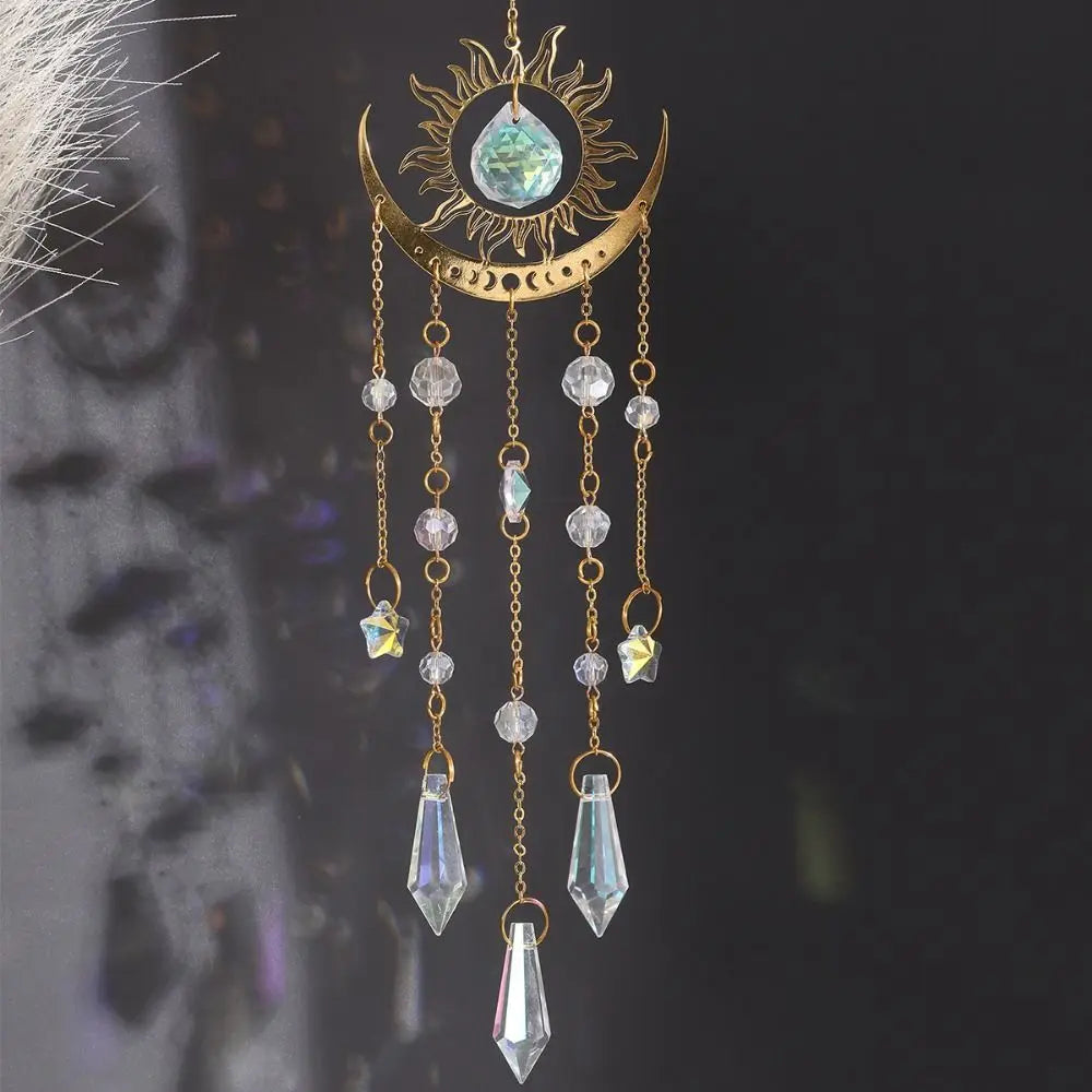 Golden Flame Moon Crystal Pendant AB Colourful Moon Eye Sunshine Catcher Hanging Moon Hanging Decoration Holiday Party Decor Oasis Select