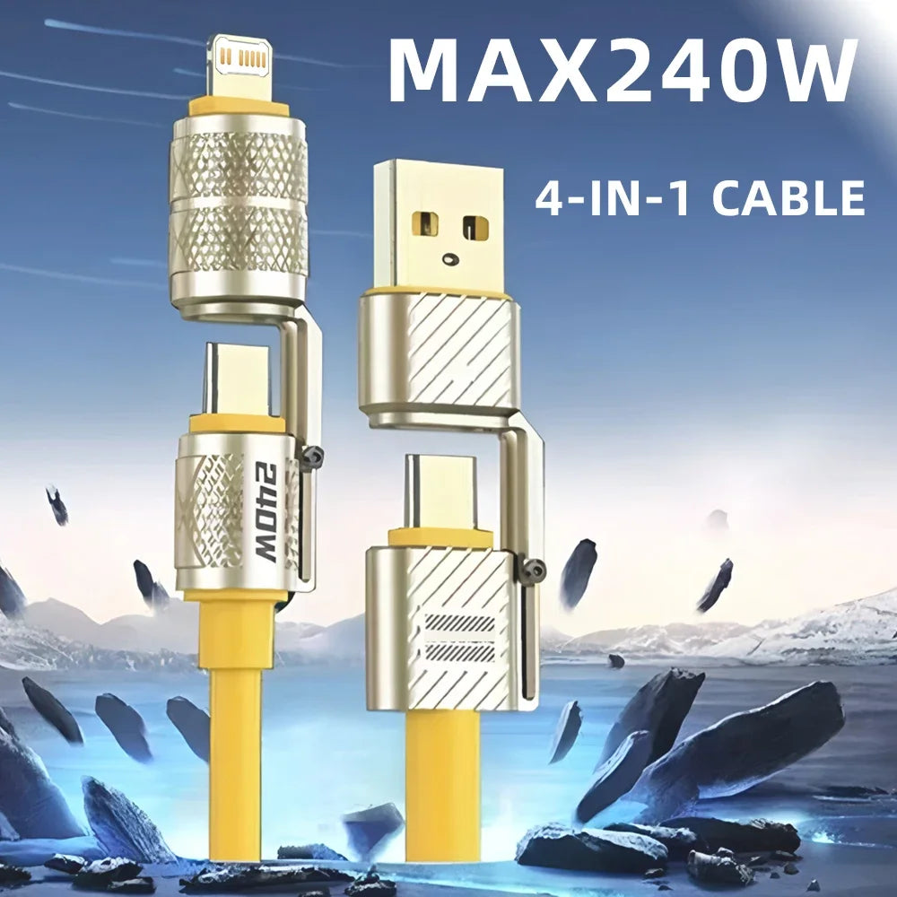 240W 4-in-1 Fast Charging Data Cable Type-C To Type-C Zinc Alloy Cable For iPhone15/16p Samsung Huawei Xiaomi Oppo iphone Oasis Select 1m