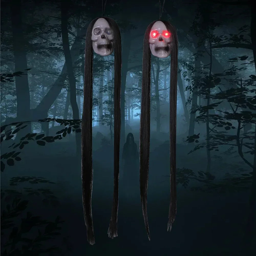 Halloween Hanging Ghost Skull with Long Hair Glowing Eyes Terror Skull Ghost House Head Skeleton Props 2024 Halloween Decoration Oasis Select