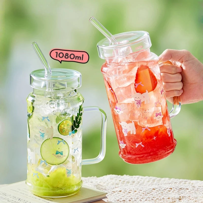1080ml Large Capacity Straw Cup Glass Tumbler with Lid - Iced Coffee Cup, Reusable Drinking Cup for Coffee, Tea, Iced Americano Oasis Select