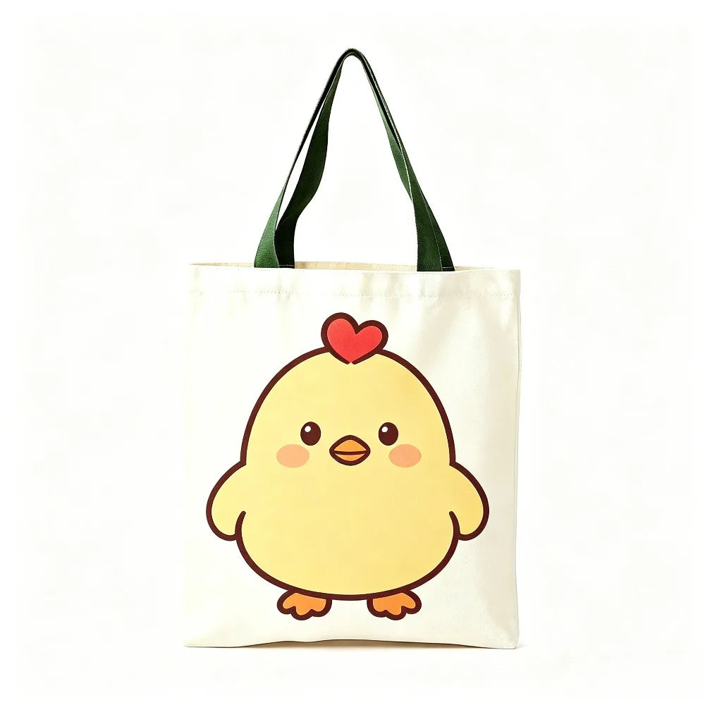 Cute Yellow Chick Red Heart Print Canvas Tote Bag Eco Reusable Shoulder Bag Grocery Daily Shopping Bag Oasis Select Army green